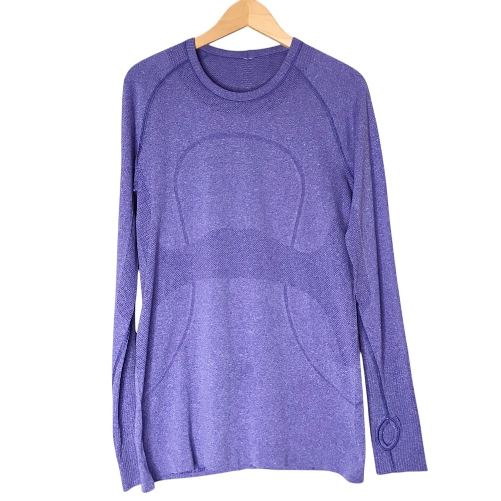 Size 10 Lululemon Swiftly Tech Long Sleeve Crew Heathered Power Purple Shirt Top - Picture 3 of 12